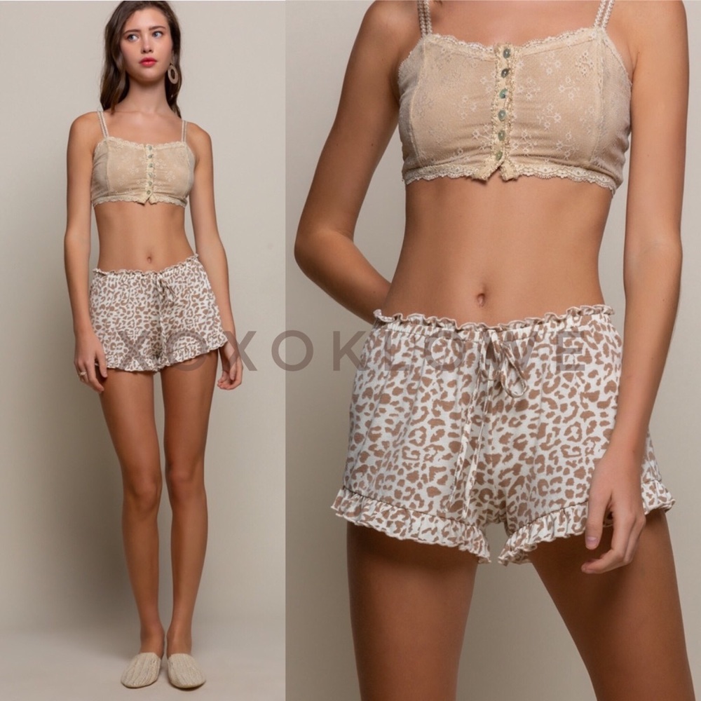 POL Cream & Taupe Leopard Print Soft Knit Ruffle Trimmed Shorts - Picture 5 of 16